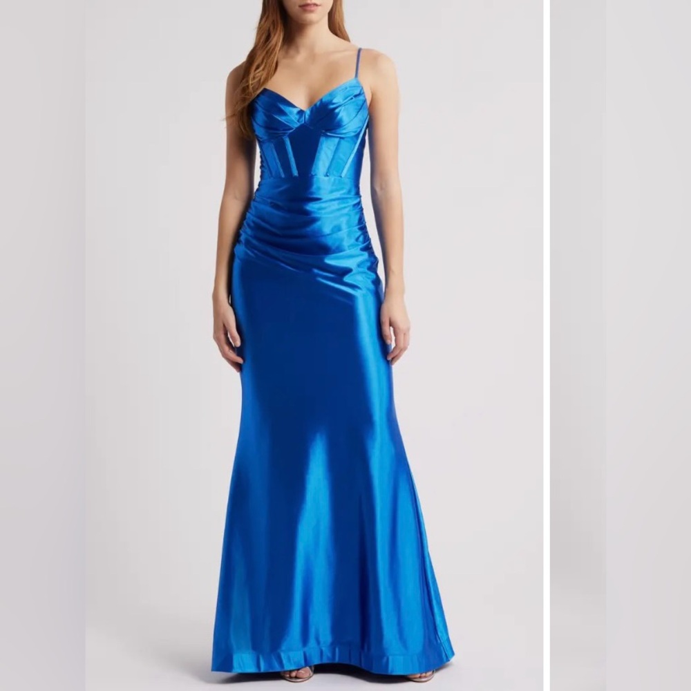 Nordstrom satin sapphire blue spaghetti strap, trumpet style maxi. NWT, size 11